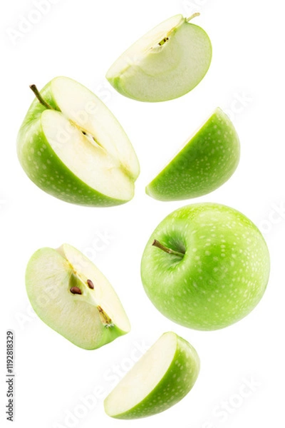 Fototapeta falling green apple with slices isolated on a white background