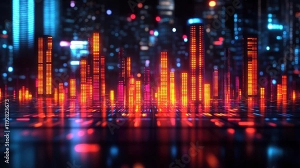 Fototapeta Futuristic cityscape with glowing digital towers.