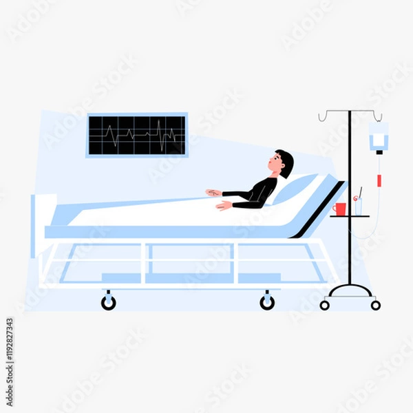 Fototapeta Male patient in a hospital bed with IV drip in flat vector illustration symbolizing medical care, recovery, and health monitoring, isolated on white background.