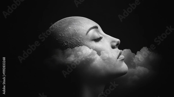 Fototapeta Woman Profile with Moon and Clouds in Black and White Design