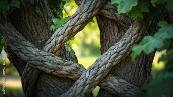Fototapeta Twisted Ropes Wrapped Around Tree Trunk in Lush Green Environment