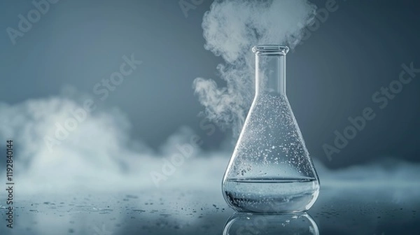 Fototapeta Close-Up of an Erlenmeyer Flask with Steaming Liquid and Mist on a Reflective Surface