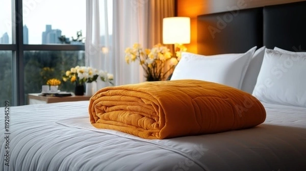 Obraz An inviting yellow blanket neatly folded on a neatly made bed, set against a backdrop of a modern stylish bedroom with soft lighting and city views.