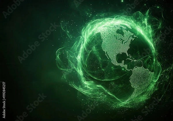 Obraz Abstract Green World Map with Sparkling Elements and Light Trails Representing Global Connectivity and Environmental Awareness