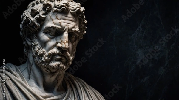 Fototapeta Hyper realistic Greek Marble Statue with Cracked Features Under Dramatic Spotlight - Perfect for Art, History, and Moody Themes
