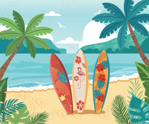 Obraz Three surf Boards standing on tropical beach with palm