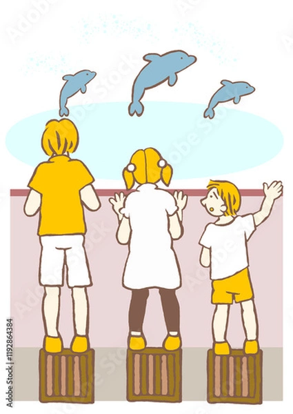 Obraz 合理的配慮・平等　一律の支援はあるがそれでもまだイルカのショーが見えない男の子のイラスト　シンプル