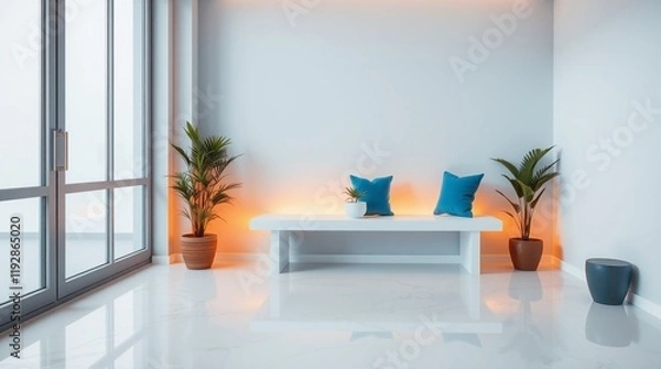 Fototapeta Sleek and Minimalist Interior with Light Blue Wall and Built-In Lighting Ideal for Versatile Presentations and Stock Photography