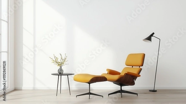 Obraz interior minimal midcentury. Stylish lounge chair with a side table and lamp in a bright room.