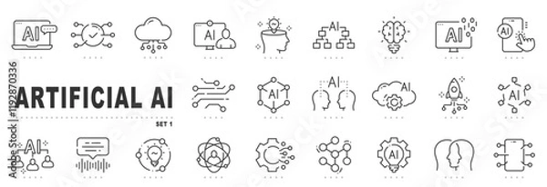 Fototapeta Set of AI related line icons. Artificial, tech, intelligence; brain; mind etc. Editable stroke.