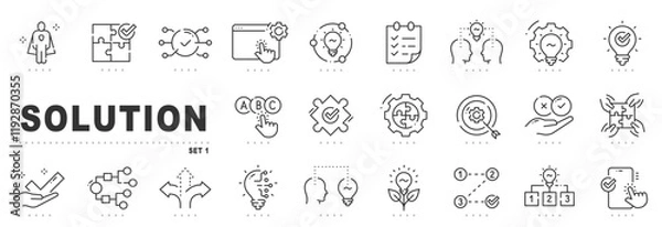 Fototapeta Set of solution related line icons. Problem solving, puzzle, decision etc. Editable stroke.