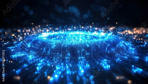 Fototapeta Futuristic Digital Landscape with Glowing Blue Particles and Waves Illustrating Technology, Data Flow, and Network Connectivity in a Vibrant Abstract Background