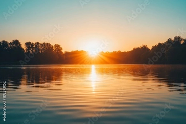 Fototapeta sunrise over a peaceful lake, with warm colors and a feeling of optimism and new possibilities, mindfulness practice and meditation