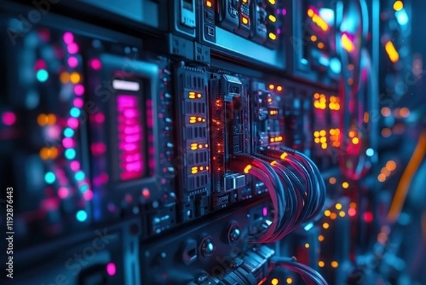 Obraz Network Hub: Active Server Rack with Colored Lights and Cables
