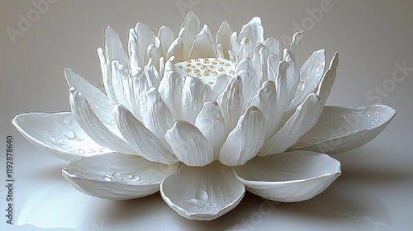 Obraz Close-up of a pristine white lotus flower with water droplets, showcasing its delicate petals and golden center.
