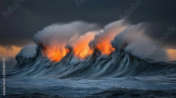 Fototapeta Fiery Sunset Waves Crashing Majestically On The Ocean