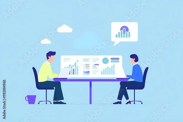 Fototapeta Data Analysis Collaboration: Two colleagues collaborate on a data analysis project, reviewing charts and graphs displayed on a large screen. This illustration depicts teamwork, insightful discussion.