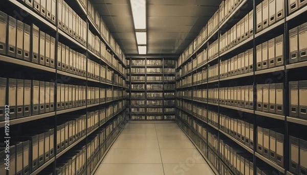 Fototapeta Rows of organized files line the archive storage room