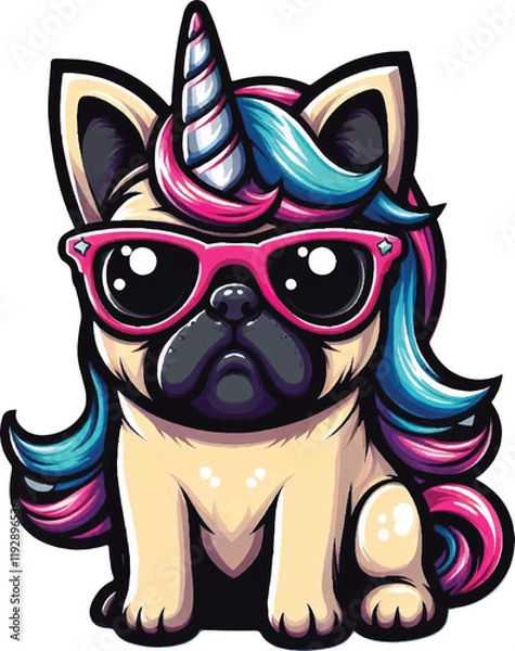 Obraz Pugicorn: A whimsical illustration of a cute pug dog with a vibrant unicorn horn and stylish sunglasses.  The delightful creature is depicted in a cartoon style with pink and blue mane. 