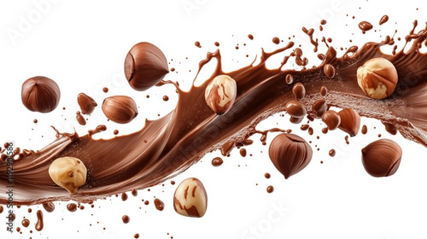 Fototapeta Splash of chocolate with hazelnuts isolated on a transparent or white background