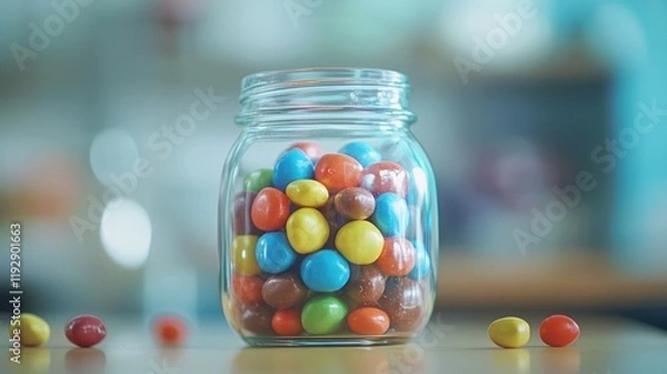 Fototapeta A glass jar filled with colorful candies.