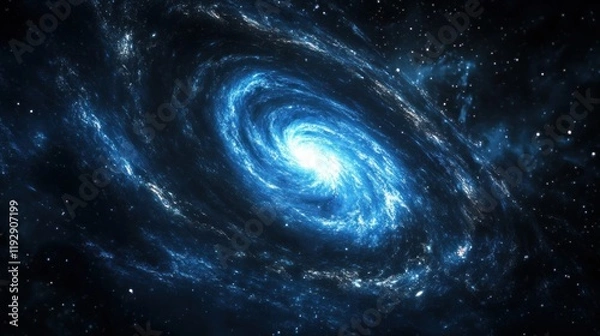 Obraz A spiral galaxy in the deep black of space, with its bright blue center and swirling stars against an infinite dark background