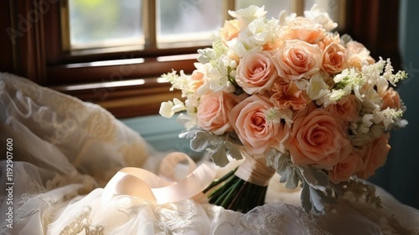 Obraz Close-Up Promotional Shot of a Beautiful Bouquet Featuring Peach Roses and White Floral Accents on Soft Fabric Background