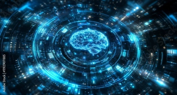 Fototapeta A digital brain with glowing blue lights and holographic effects