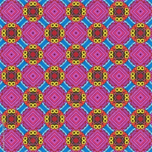 Fototapeta Seamless pattern with bright decorative circle elements on blue background. 