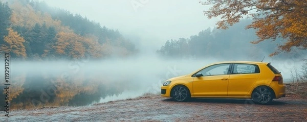 Obraz A yellow hatchback car with foggy windows parked near a lake on a misty morning, capturing serenity