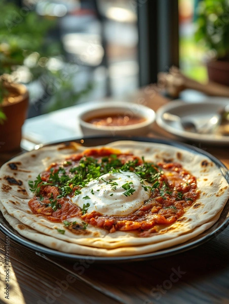 Fototapeta Plate of eggs with sauce and fresh herbs on wooden table