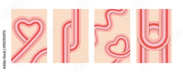 Fototapeta Retro Valentine posters 70s style. Vintage geometric backgrounds with pink lines.