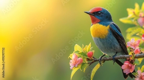 Obraz Colorful bird on flowering branch, spring sunrise, nature background, perfect for nature documentaries