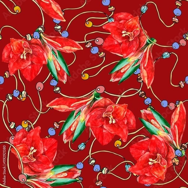 Fototapeta Watercolor seamless pattern with floral elements. Amaryllis and beads on red background.