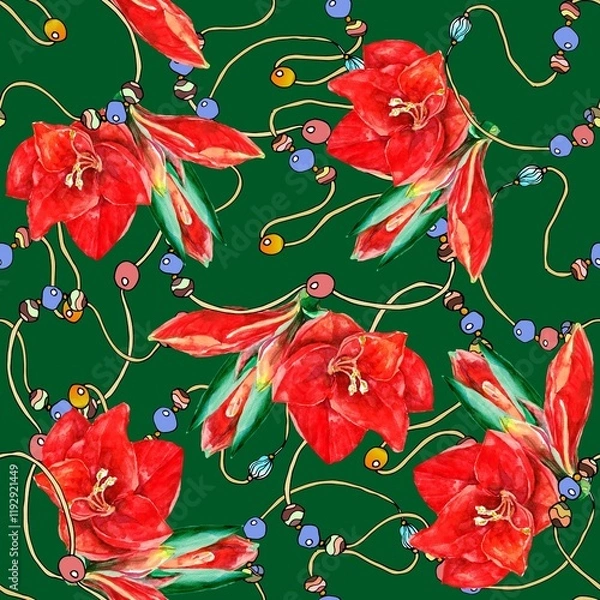 Fototapeta Watercolor  seamless pattern with red flowers amaryllis and beads on green background. 