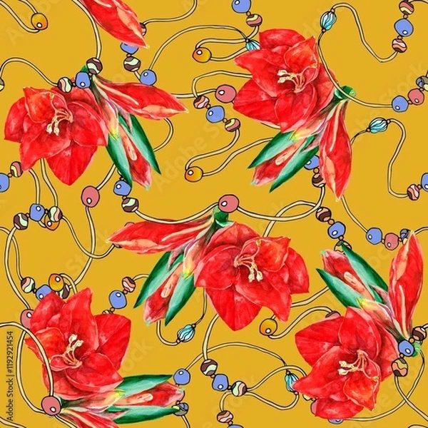 Fototapeta Watercolor seamless pattern with flowers amaryllis and 
colorful  beads on yellow background. 