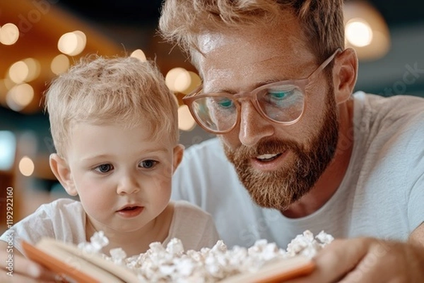Fototapeta A heartwarming image of a father reading a bedtime story to his young son, capturing the essence of parenthood and the joy of teaching in a warm, cozy room filled with love and shared moments This