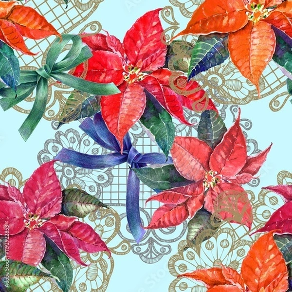 Fototapeta Watercolor seamless pattern with christmas elements. Poinsettia,  openwork and ribbon on blue background. 