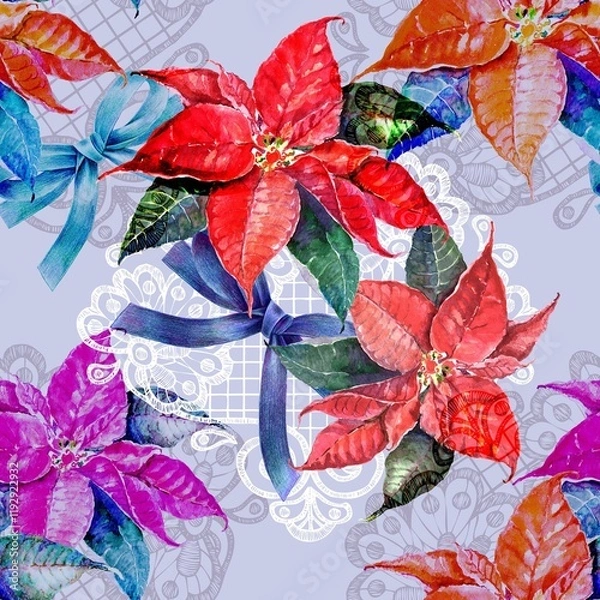 Fototapeta Seamless pattern with flowers, lace and bow on light blue background. 