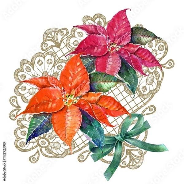 Fototapeta Watercolor illustration with christmas elements. Poinsettia,  openwork and ribbon on white background.