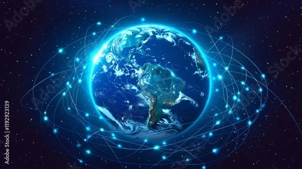 Fototapeta Global Network Around Planet Earth from Space View