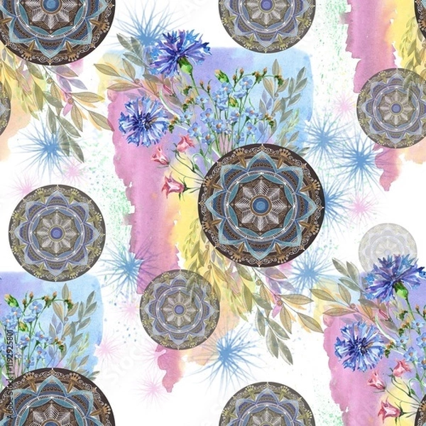 Fototapeta Watercolor seamless pattern with field flowers and mandala on white background. 