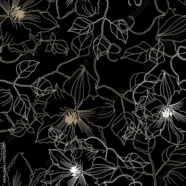 Fototapeta White  with gold elements in seamless pattern on a black background. 