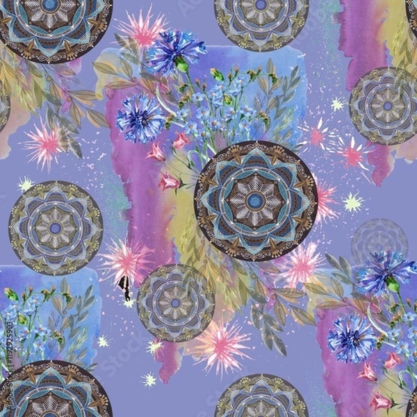 Fototapeta Watercolor seamless pattern with field flowers and colorful mandala on watercolor splash background. 