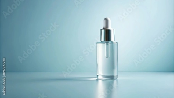 Fototapeta Clear Glass Dropper Bottle on a Light Blue Background, Perfect for Skincare or Cosmetic Product Mockup