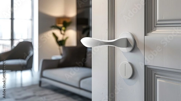 Obraz A contemporary door handle in matte white blends effortlessly into a light-toned door, contributing to a seamless and minimalist aesthetic in a modern home environment.