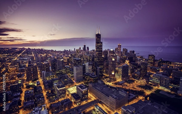 Fototapeta Chicago skyline z lotu ptaka o zmierzchu