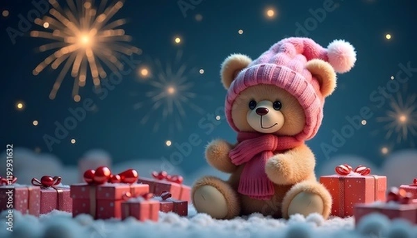 Obraz Festive Teddy Bear Amidst Sparkling Fireworks and Gifts