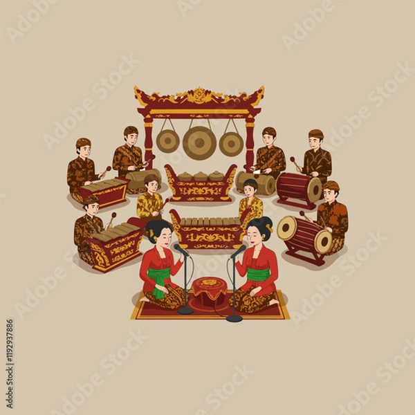 Fototapeta The image depicts a Javanese gamelan orchestra performing traditional Indonesian music with two female vocalists.