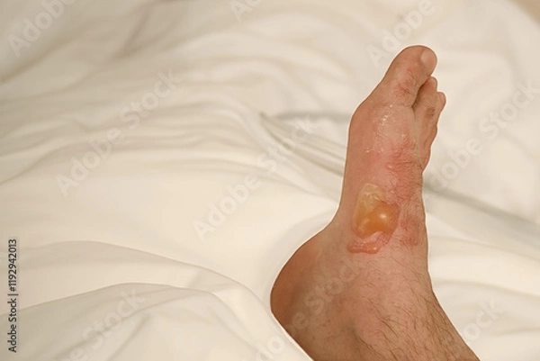 Fototapeta Woman leg blistered and red skin from accidental scalds.